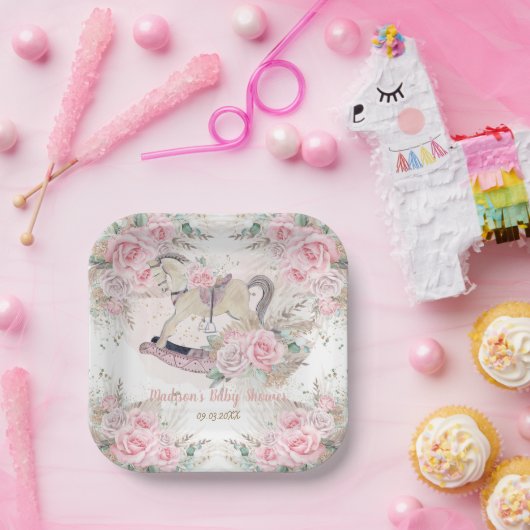 Pampas Grass Pink Rocking Horse Kinderdusche Pappteller (Party)