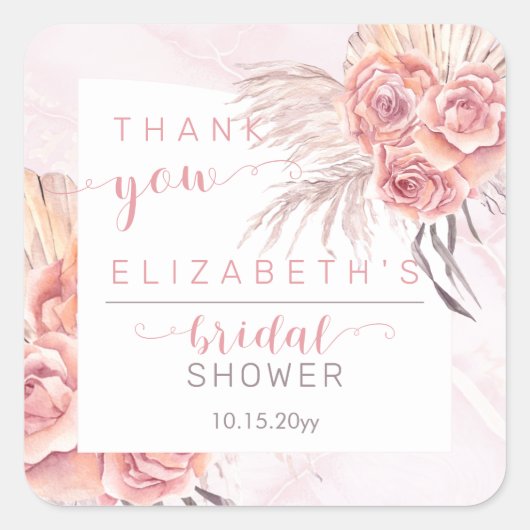 Pampas Grass | Pink Roses Brautparty Vielen Dank Quadratischer Aufkleber (Vorderseite)
