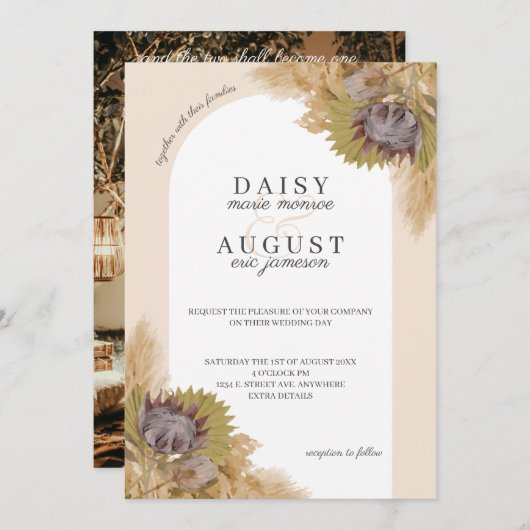 Pampas Grass Protea Script Foto Wedding Einladung (Vorne/Hinten)
