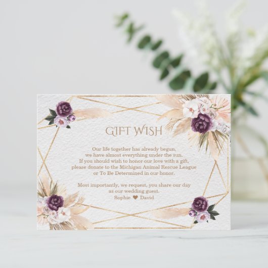 Pampas Grass Purple Blumen Hochzeitsgeschenk Wunsc Begleitkarte (Stehend Vorderseite)