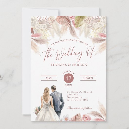 Pampas Grass QR Code in einer Boho Hochzeit Einladung (Vorderseite)