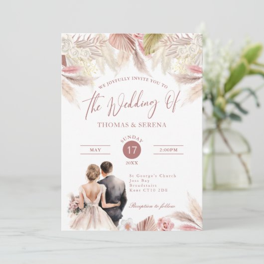 Pampas Grass QR Code UAWG Wedding Boho Einladung (Stehend Vorderseite)