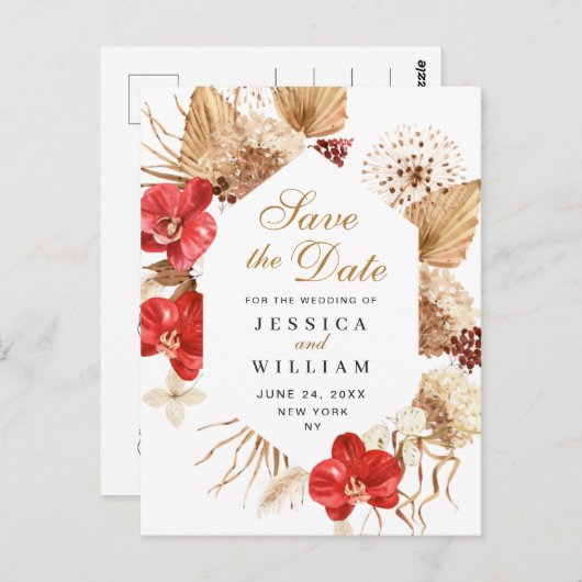 Pampas Grass Red Orchids Wedding Save the Date Postkarte (Vorne/Hinten)
