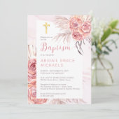 Pampas Grass |Rosa Rose Blooms Girl Baby Baptisse  Einladung (Stehend Vorderseite)