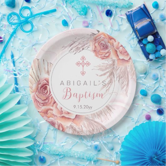 Pampas Grass |Rosa Rose Blooms Girl Baptisse Pappteller (Party)