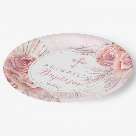 Pampas Grass |Rosa Rose Blooms Girl Baptisse Pappteller (Schrägansicht)