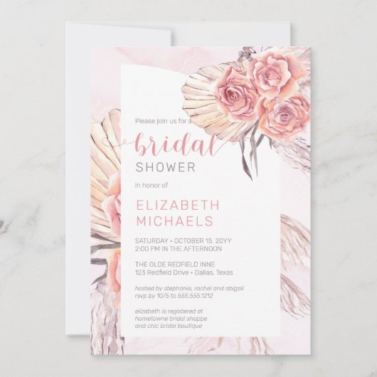 Pampas Grass | Rosa Rosenblüten Brautparty Einladung (Vorderseite)