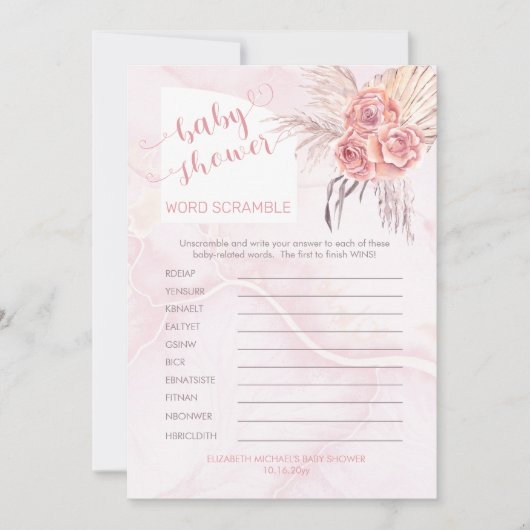 Pampas Grass |Rose Bloom Baby Dusche Word Scramble Einladung (Vorderseite)