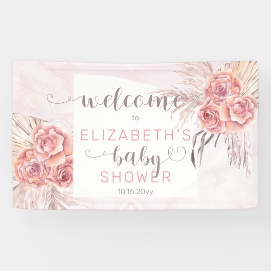 Pampas Grass |Rose Blooms Girl Baby Dusche Willkom Banner (Horizontal)