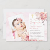 Pampas Grass | Rose Blooms Girl Baby Foto Taufe Einladung (Vorderseite)
