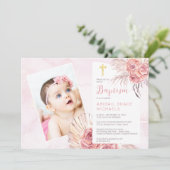 Pampas Grass | Rose Blooms Girl Baby Foto Taufe Einladung (Stehend Vorderseite)