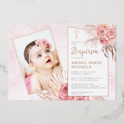 Pampas Grass | Rose Blooms Girl Baby Foto Taufe Folieneinladung (Vorderseite)