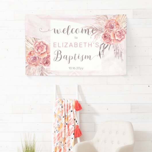 Pampas Grass |Rose Blooms Girl-Taufe Willkommen Banner (Insitu)
