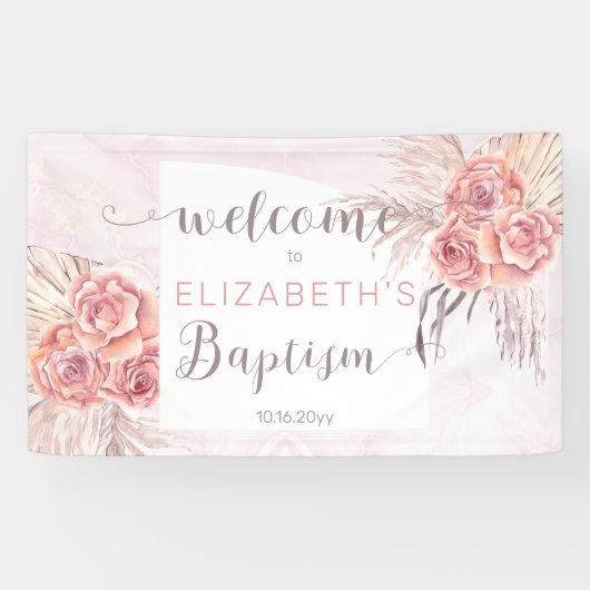 Pampas Grass |Rose Blooms Girl-Taufe Willkommen Banner (Horizontal)