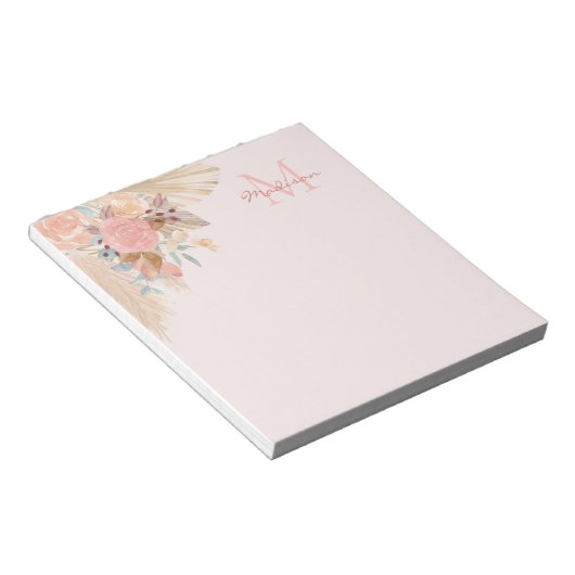 Pampas Grass Rose Gold Florals Name Monogram Notizblock (angewinkelt)
