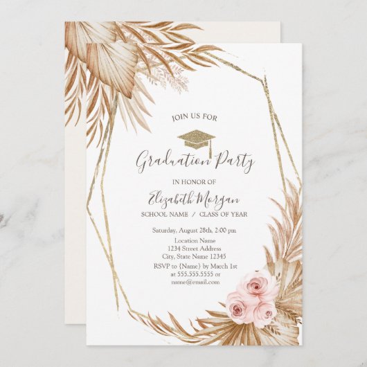 Pampas Grass Rose Grad Cap, Abschluss Einladung (Vorne/Hinten)