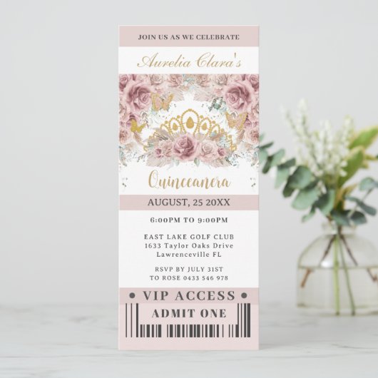 Pampas Grass Rose Quinceañera Sweet 16 VIP Ticket Einladung (Stehend Vorderseite)