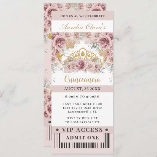 Pampas Grass Rose Quinceañera Sweet 16 VIP Ticket Einladung (Vorne/Hinten)