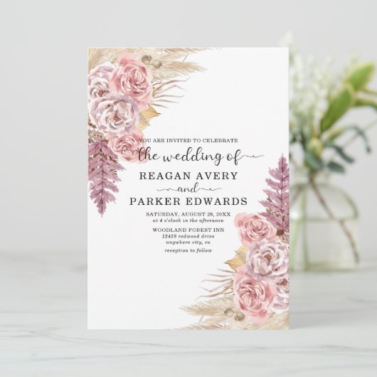 Pampas Grass Rose und Lila Hochzeit Einladung (Stehend Vorderseite)