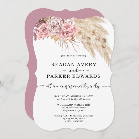 Pampas Grass Rose und Lila Verlobung Einladung (Vorne/Hinten)