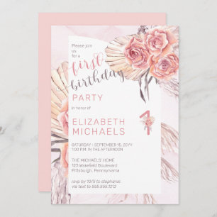 Pampas Grass Rosenblüten 1. Geburtstag Party Einladung