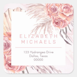 Pampas Grass | Rosenrosen-Rücksendeadresse Quadratischer Aufkleber