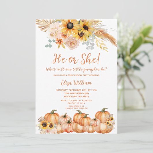 Pampas Grass Rust Orange Pumpkin Gender Reveal Einladung (Stehend Vorderseite)
