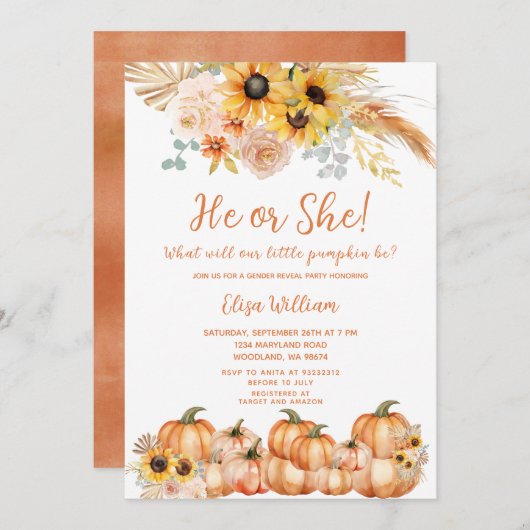Pampas Grass Rust Orange Pumpkin Gender Reveal Einladung (Vorne/Hinten)