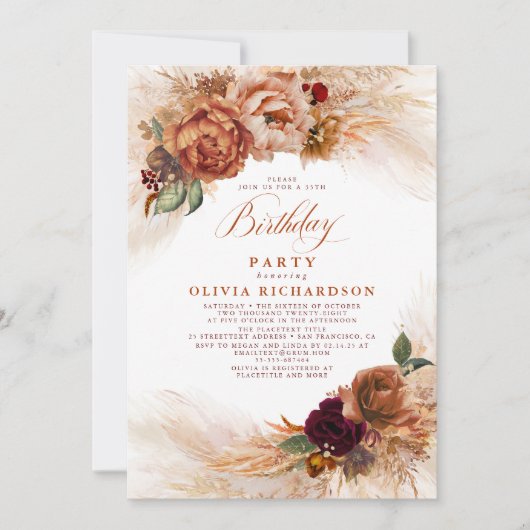 Pampas Grass Rust Terracotta Fall Birthday Party Einladung (Vorderseite)