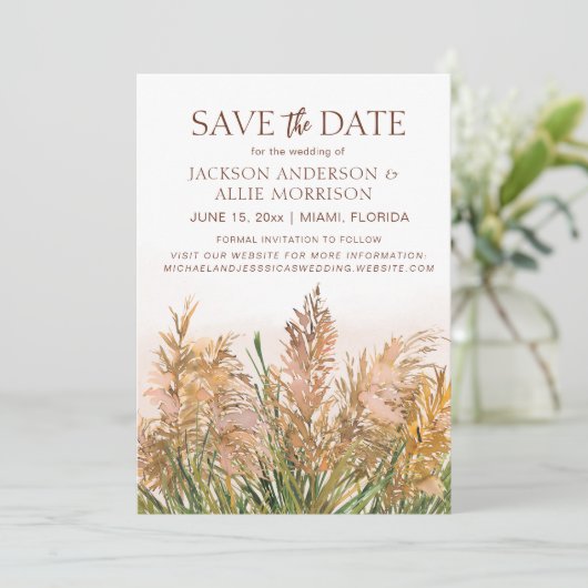 Pampas Grass Rustikale Bohemische Hochzeit Save The Date (Stehend Vorderseite)