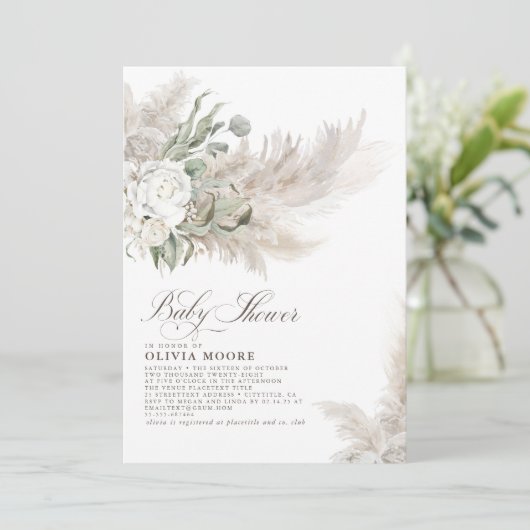 Pampas Grass Sage Greenery Floral Boho Baby Shower Einladung (Stehend Vorderseite)
