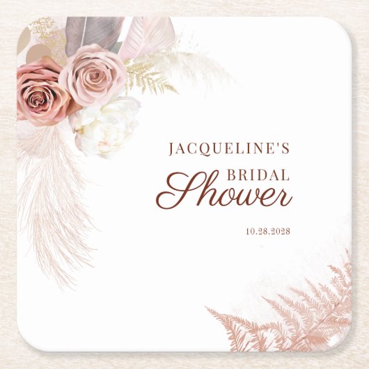 Pampas Grass Script Terracotta Tan Brautparty Rechteckiger Pappuntersetzer (Vorderseite)
