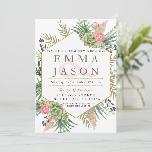 Pampas Grass Succulent Couples Brautparty Einladung (Stehend Vorderseite)