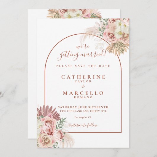 Pampas Grass Terracotta Arch Boho Wedding Save The Date (Vorne/Hinten)