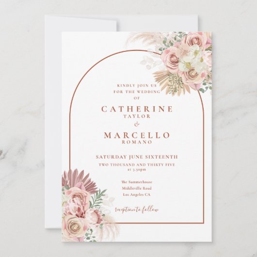 Pampas Grass Terracotta Arch Floral Wedding Einladung (Vorderseite)