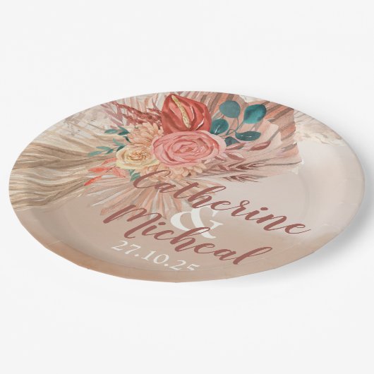 Pampas Grass Terracotta Boho Chic Wedding Party Pappteller (Schrägansicht)