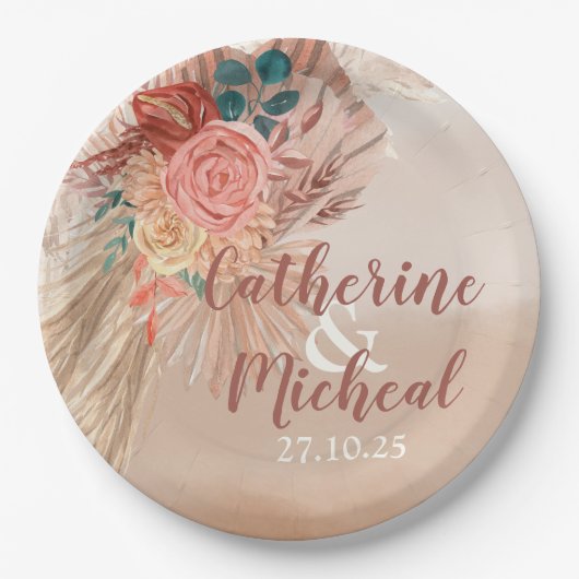 Pampas Grass Terracotta Boho Chic Wedding Party Pappteller (Vorderseite)