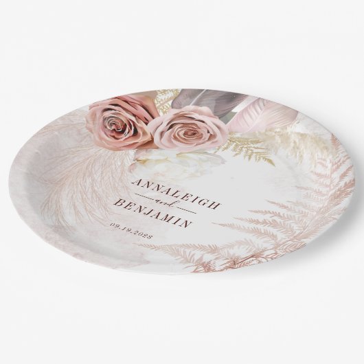 Pampas Grass Terracotta Boho Wedding Pappteller (Schrägansicht)