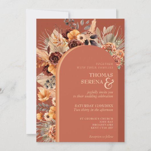 Pampas Grass Terracotta Fall Rust QR Code Hochzeit Einladung (Vorderseite)