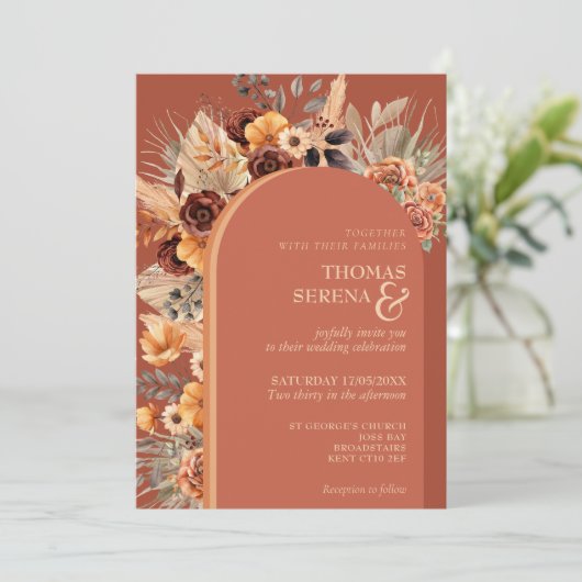 Pampas Grass Terracotta Fall Rust QR Code Hochzeit Einladung (Stehend Vorderseite)