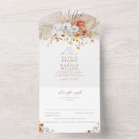 Pampas Grass Terracotta Floral Boho Wedding All In One Einladung (Innen Boden)