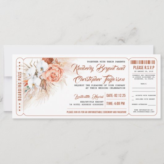 Pampas Grass Terracotta Floral Wedding Ticket Einladung (Vorderseite)