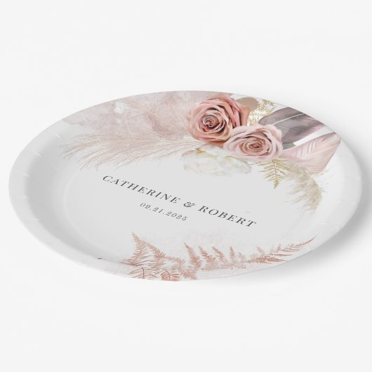 Pampas Grass Terracotta Hochzeitsempfang Pappteller (Schrägansicht)