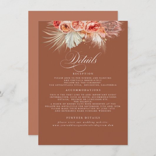 Pampas Grass Terracotta Rost Hochzeitsdetails Begleitkarte (Vorne/Hinten)