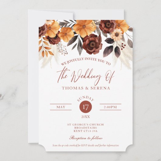 Pampas Grass Terracotta Rust Fall QR Code Hochzeit Einladung (Vorderseite)