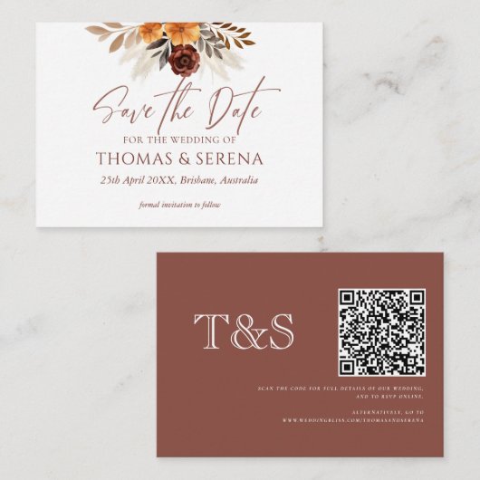Pampas Grass Terracotta Save the Date QR-Code Mitteilungskarte (Vorne/Hinten)