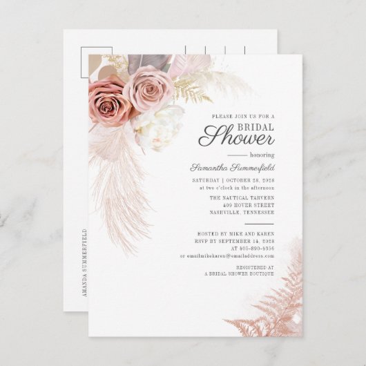 Pampas Grass Terracotta Tan Blätter Brautparty Einladungspostkarte (Vorne/Hinten)