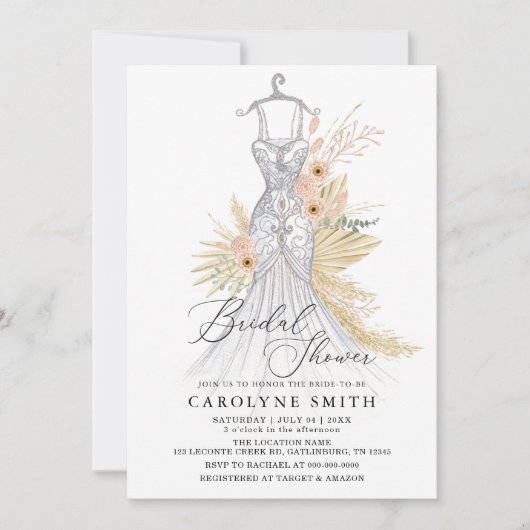 Pampas Grass Terracotta Wedding Gown Brautparty Einladung (Vorderseite)