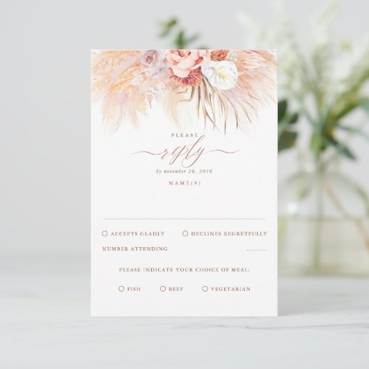 Pampas Grass Terracotta Wedding RSVP Karte (Stehend Vorderseite)