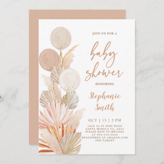 Pampas Grass und Ballons Kinderdusche Einladung (Vorne/Hinten)